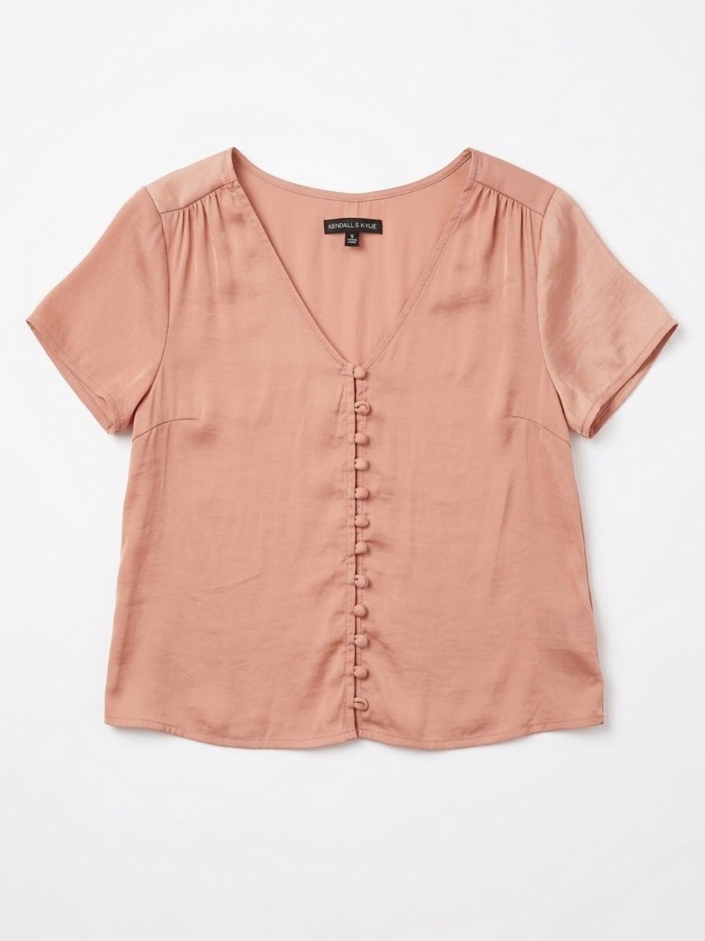Kendall & Kylie Peach Short Sleeve Button-Front V-Neck Top SZ Small